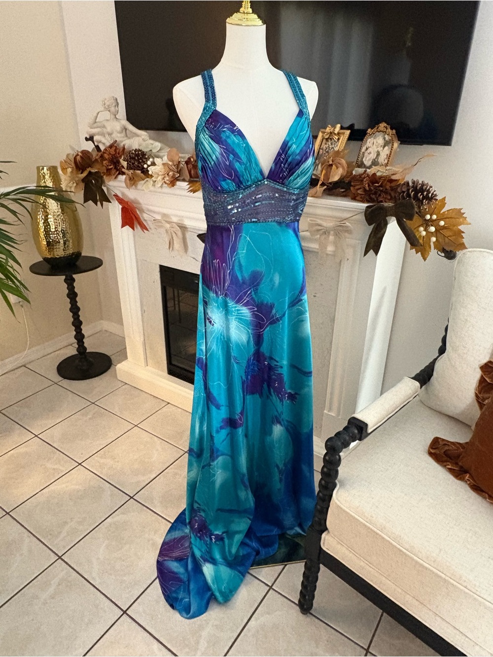 Cache Teal and Purple Floral Maxi Gown